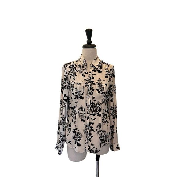 White House Black Market Tops - White House Black Market Women's Silk Floral Button Up Blouse Black White Size 6